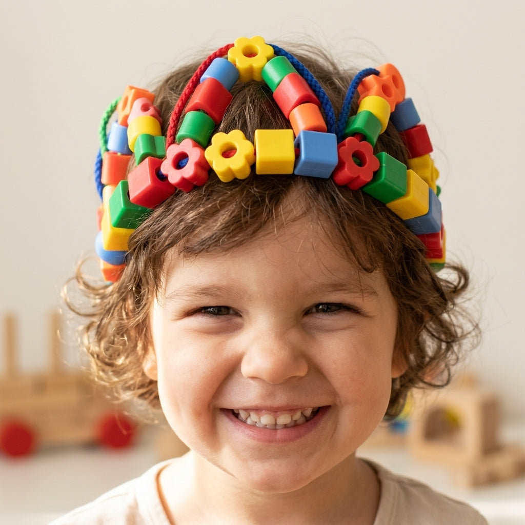 Girl wearing a crown made from threaded coloured beads