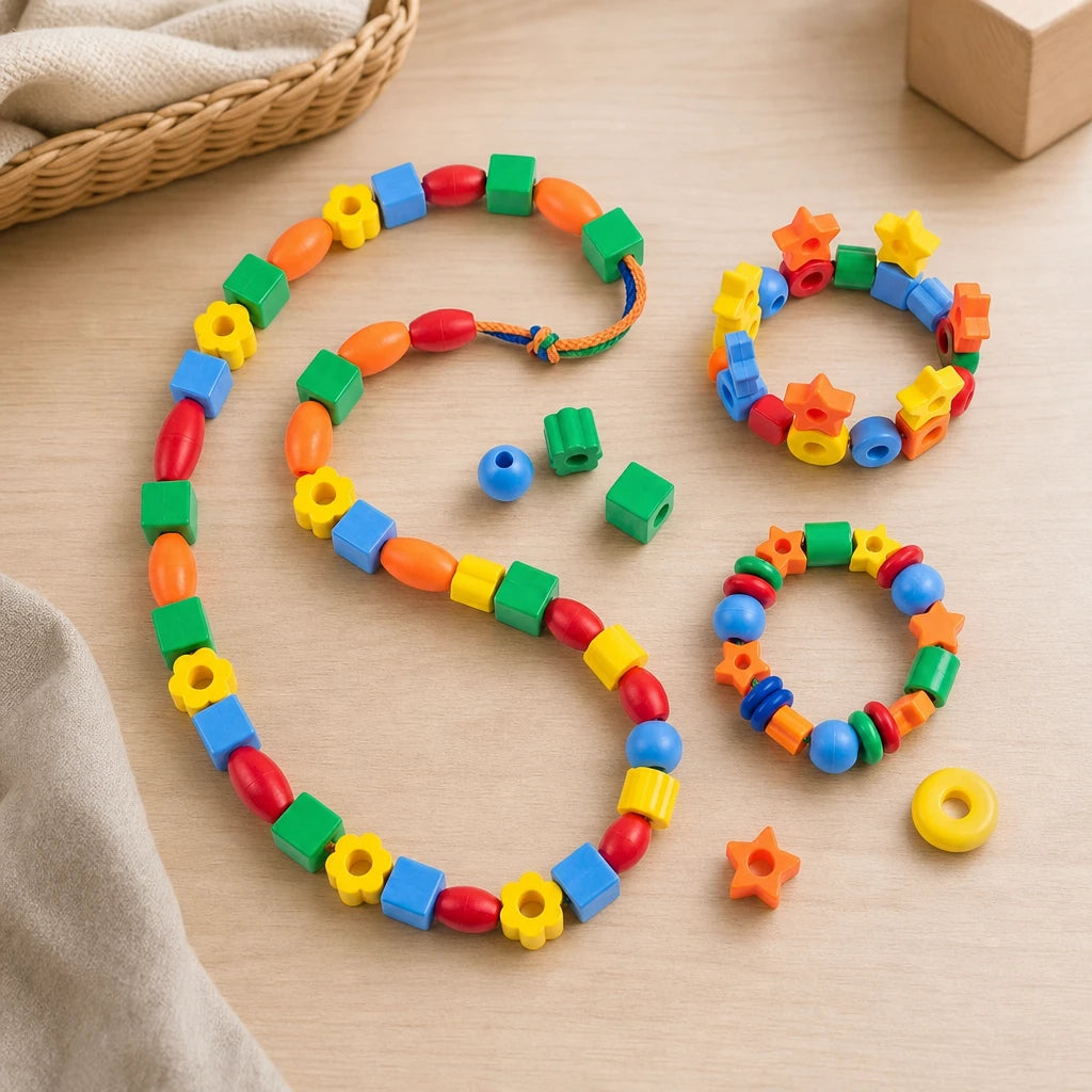 Threading Beads Set Colorful Shapes Montessori set out on a real table at home