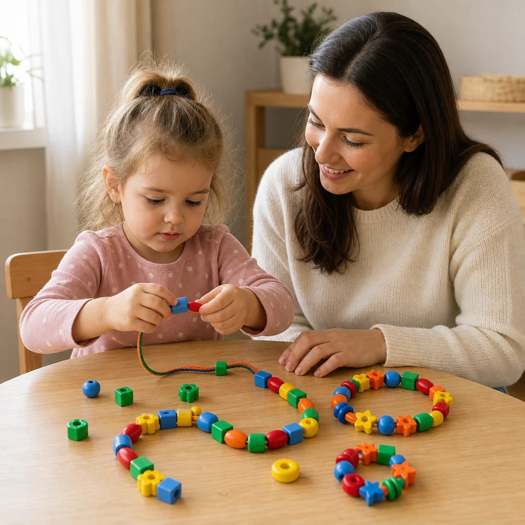 Child playing with the Threading Beads Set Colorful Shapes Montessori