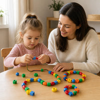 Child playing with the Threading Beads Set Colorful Shapes Montessori