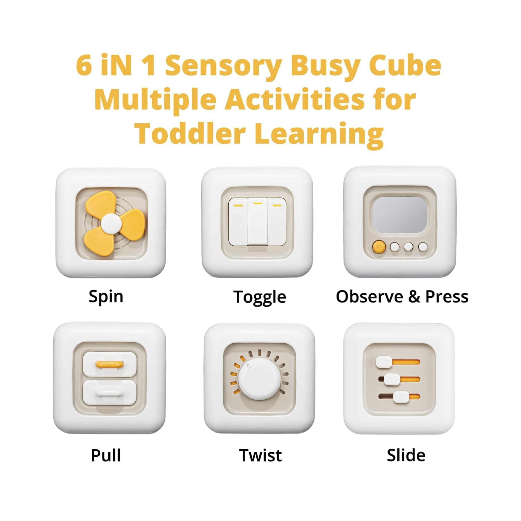 Guide to the busy cube's spin, toggle, pull, twist and slide activities