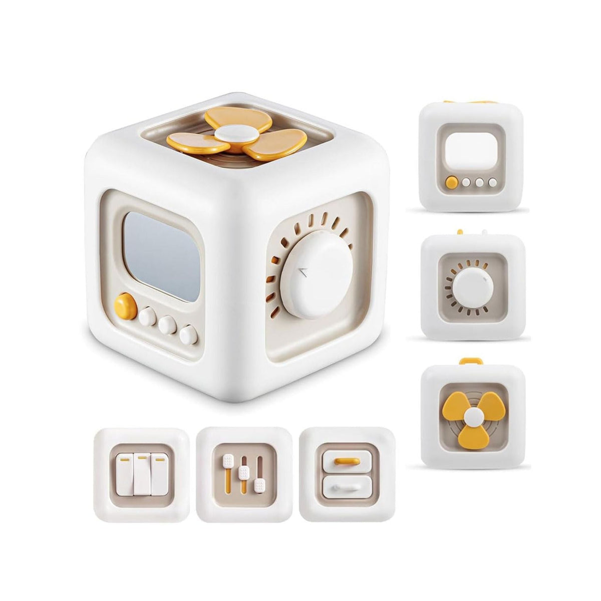 White sensory busy cube shown with its individual activity panels