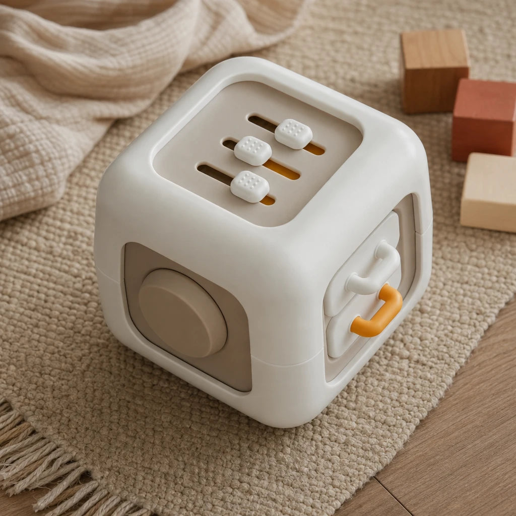 Toddler Activity Cube 6-in-1 Sensory Play set out on a real table at home