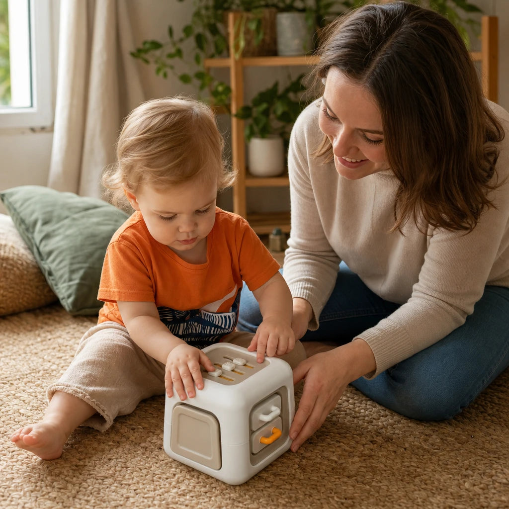 Child playing with the Toddler Activity Cube 6-in-1 Sensory Play