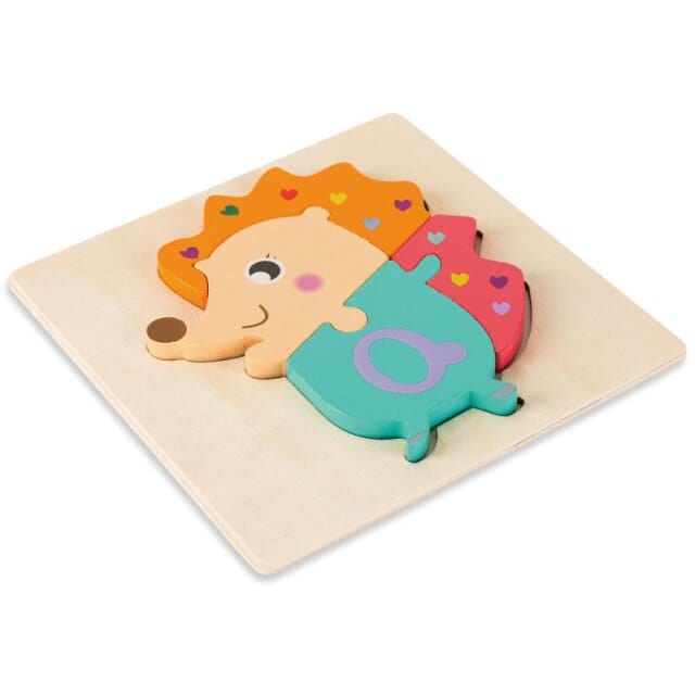 Layered wooden hedgehog puzzle with a smiling face