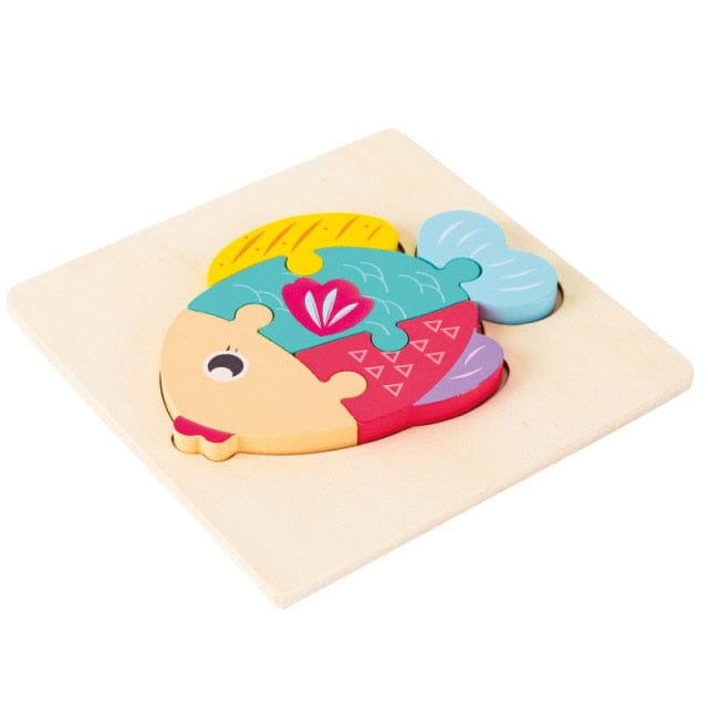 Layered wooden fish puzzle in pink and blue