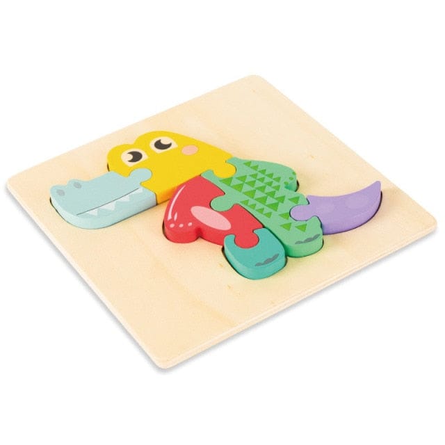 Layered wooden crocodile puzzle on a plywood board