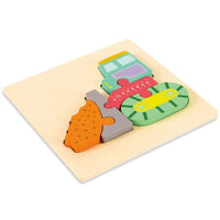 Layered wooden hedgehog and vehicle puzzle pieces