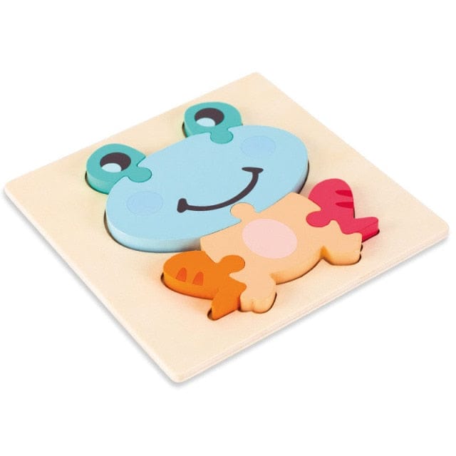 Layered wooden frog puzzle with a wide smile
