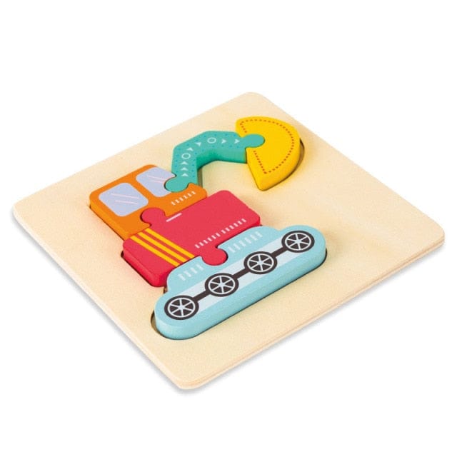Layered wooden excavator puzzle on a plywood board