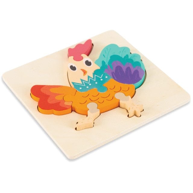 Layered wooden rooster puzzle on a plywood board