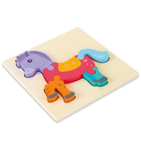 Layered wooden horse puzzle on a plywood board