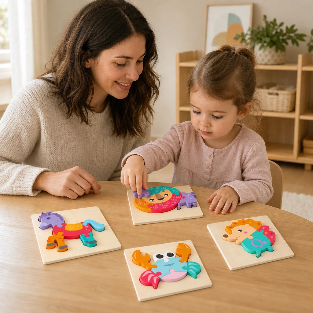 Small hands assembling the 3D wooden animal puzzle pieces