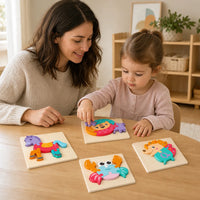 Small hands assembling the 3D wooden animal puzzle pieces