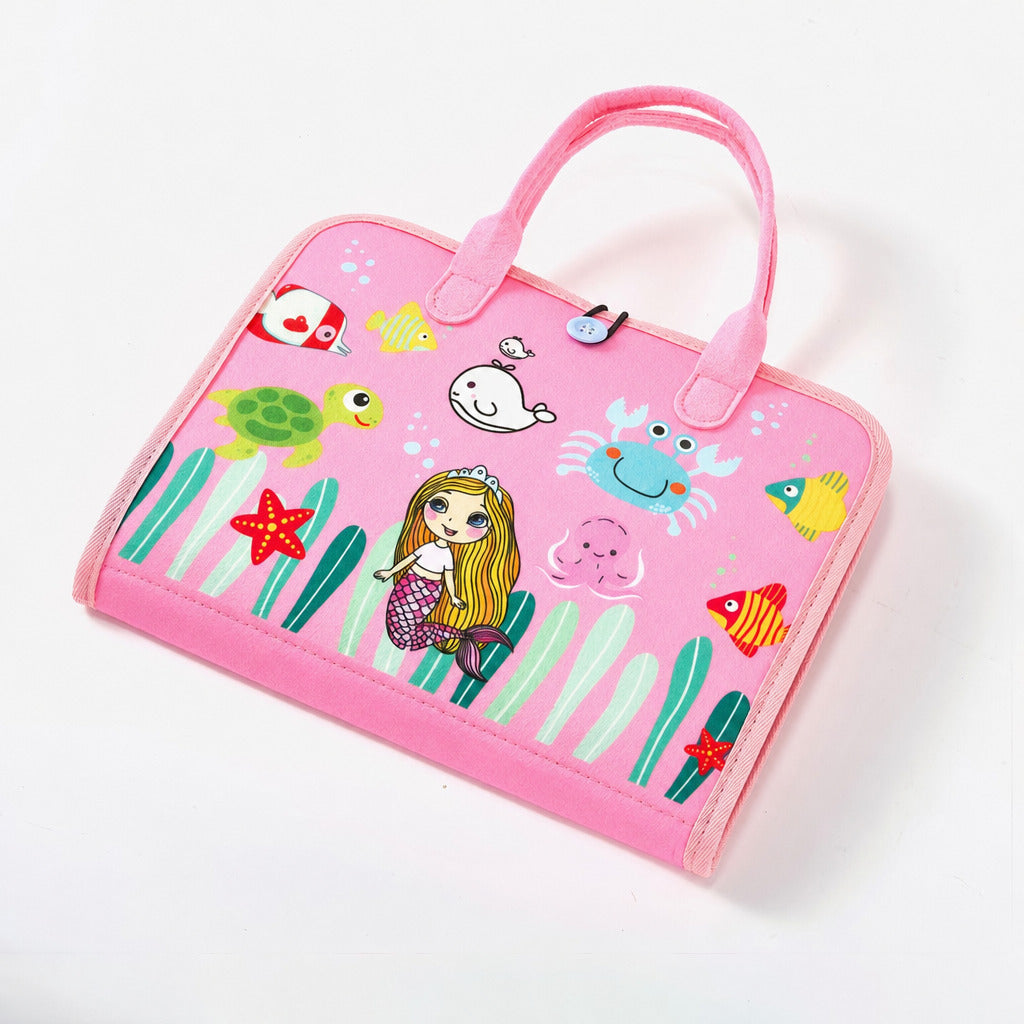 Pink travel busy board bag with mermaid and sea life appliqué