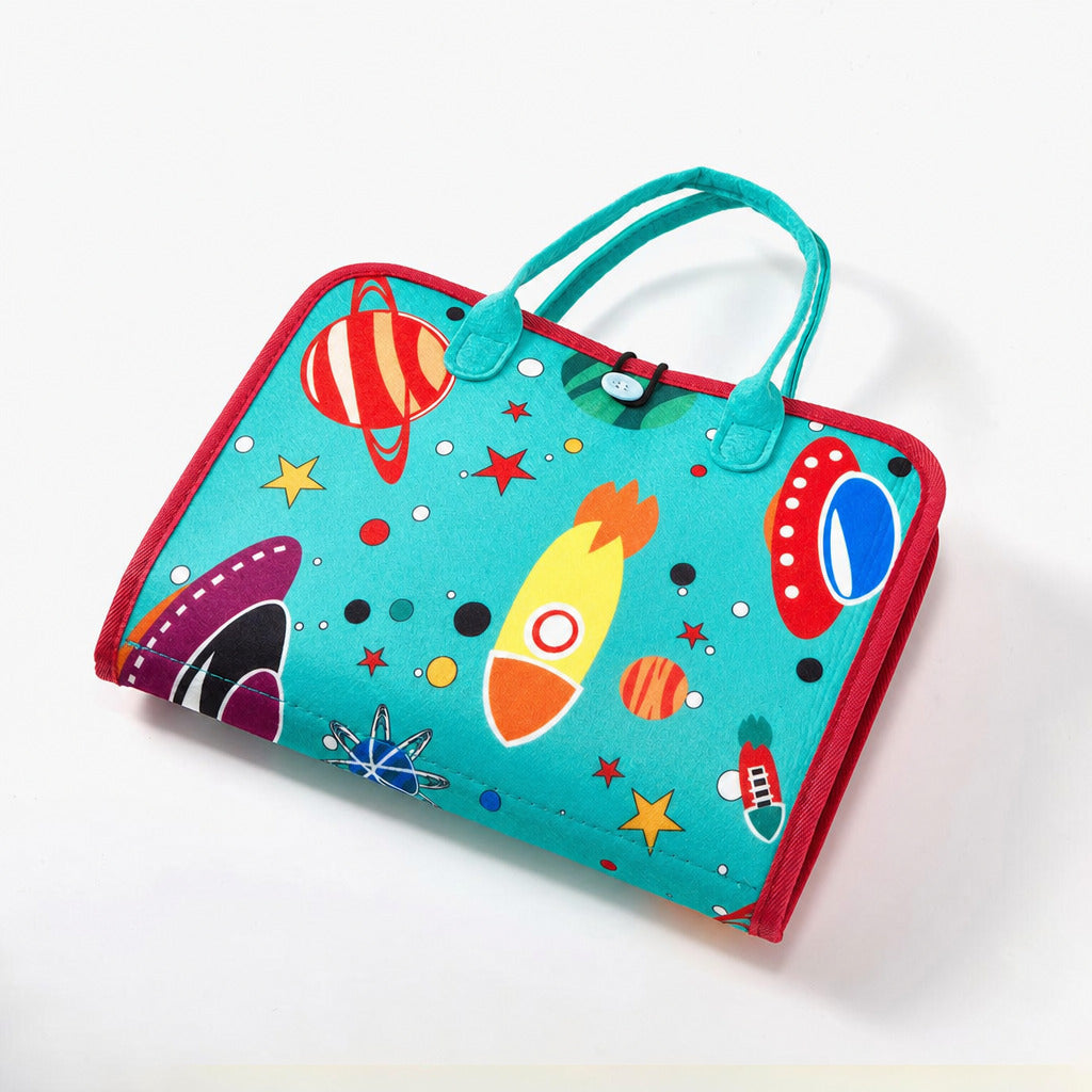 Teal travel busy board bag with rocket and planet appliqué