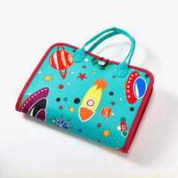 Teal travel busy board bag with rocket and planet appliqué