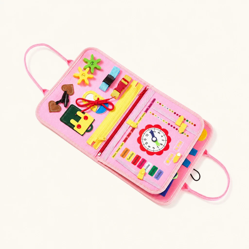 Toddler Busy Board - Portable Travel Activity Bag shown complete on a plain background