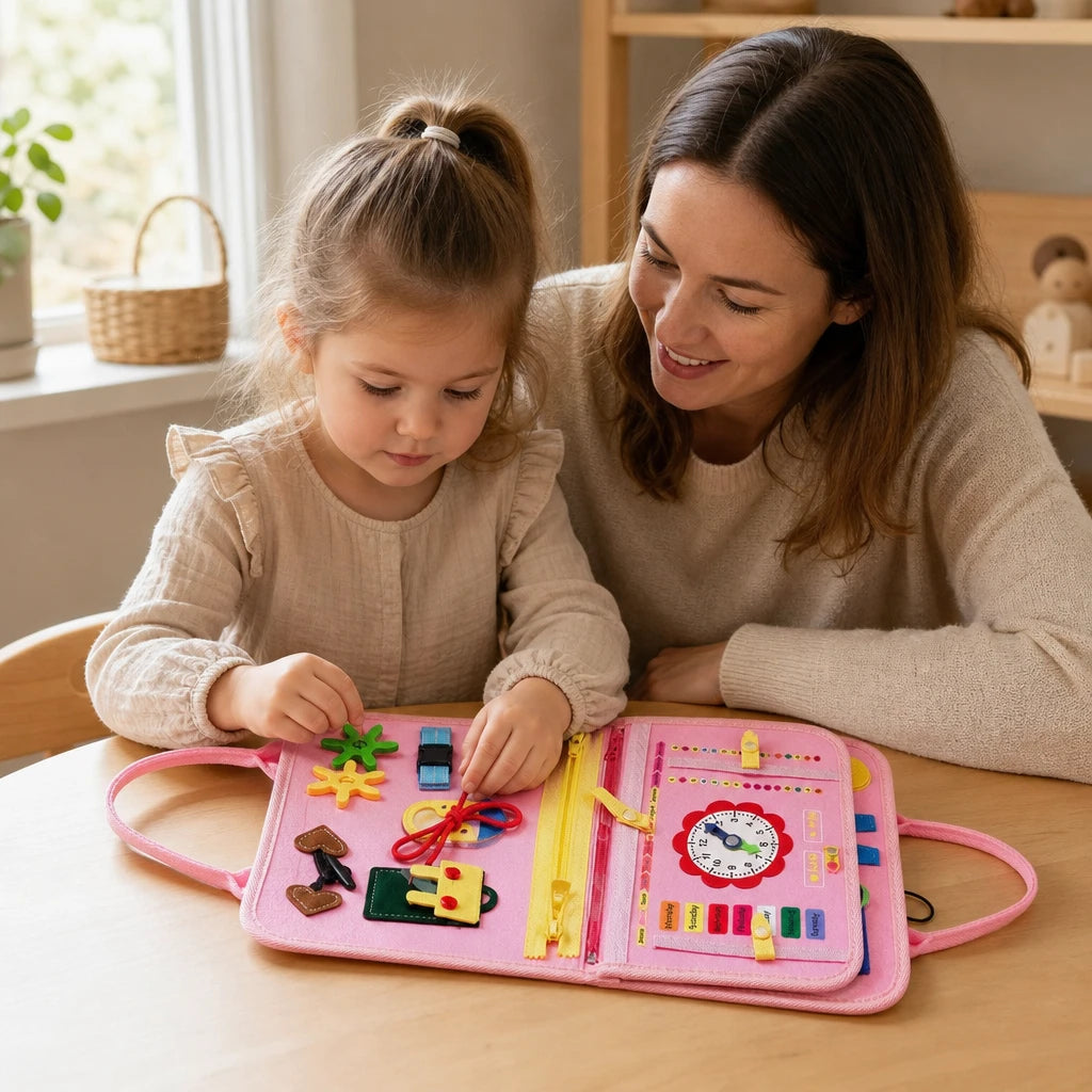 Child playing with the Toddler Busy Board - Portable Travel Activity Bag