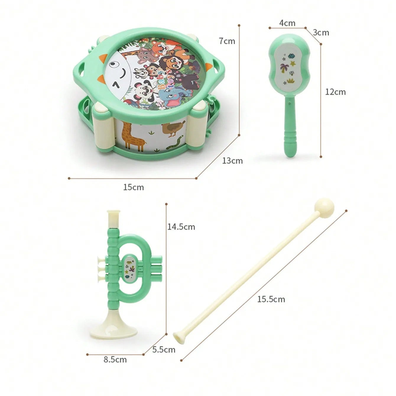 Toddler percussion set with tambourine, trumpet, shaker and dimensions