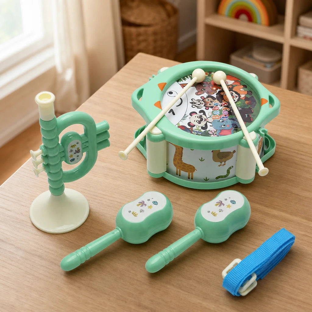 Toddler Drum Set Musical Percussion Kit set out on a real table at home