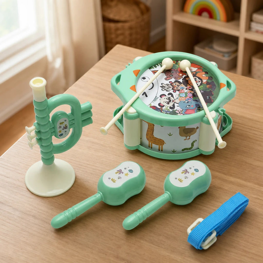 Toddler Drum Set Musical Percussion Kit set out on a real table at home