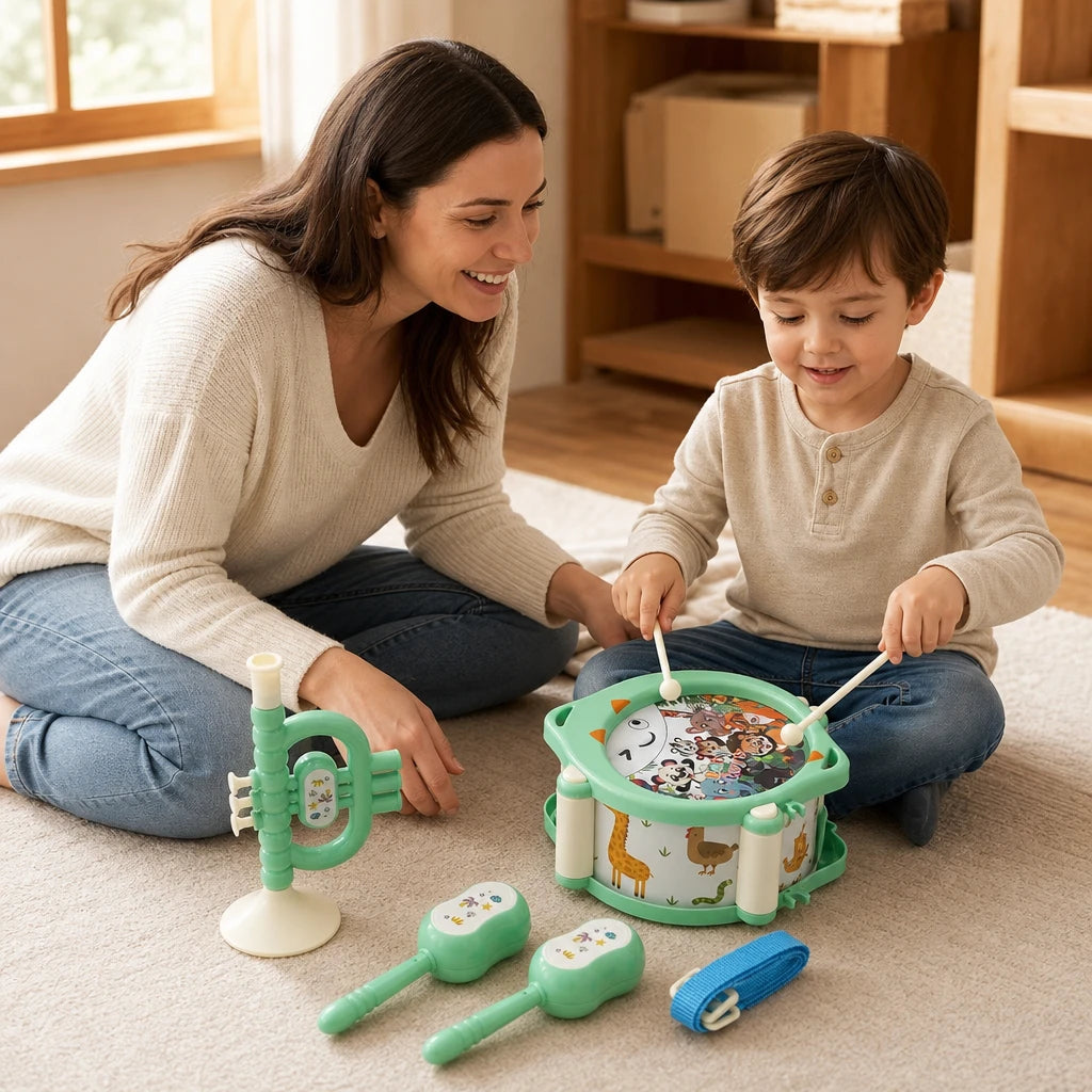 Child playing with the Toddler Drum Set Musical Percussion Kit