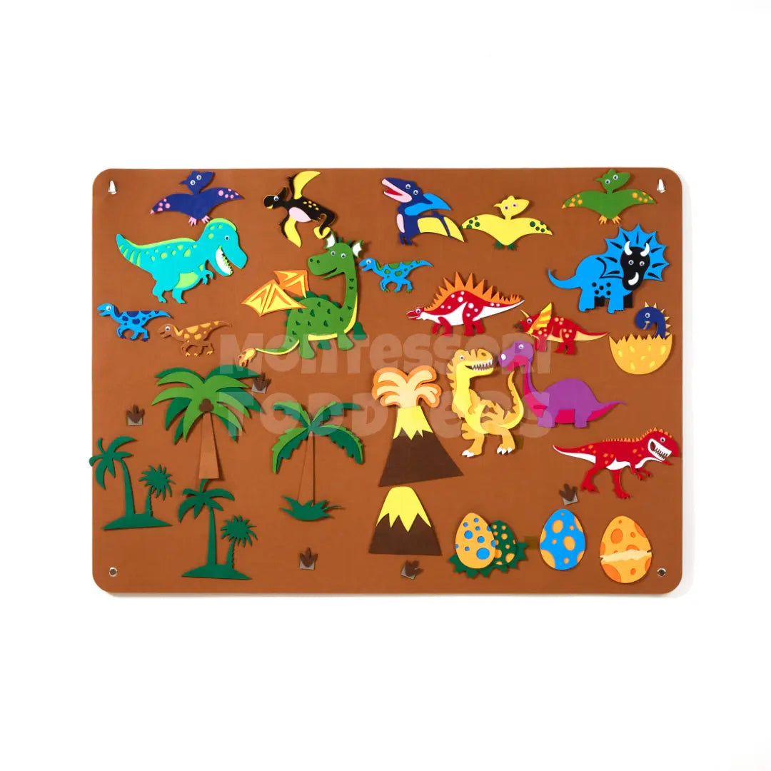Dinosaur-themed felt board with volcanoes and dinosaur pieces