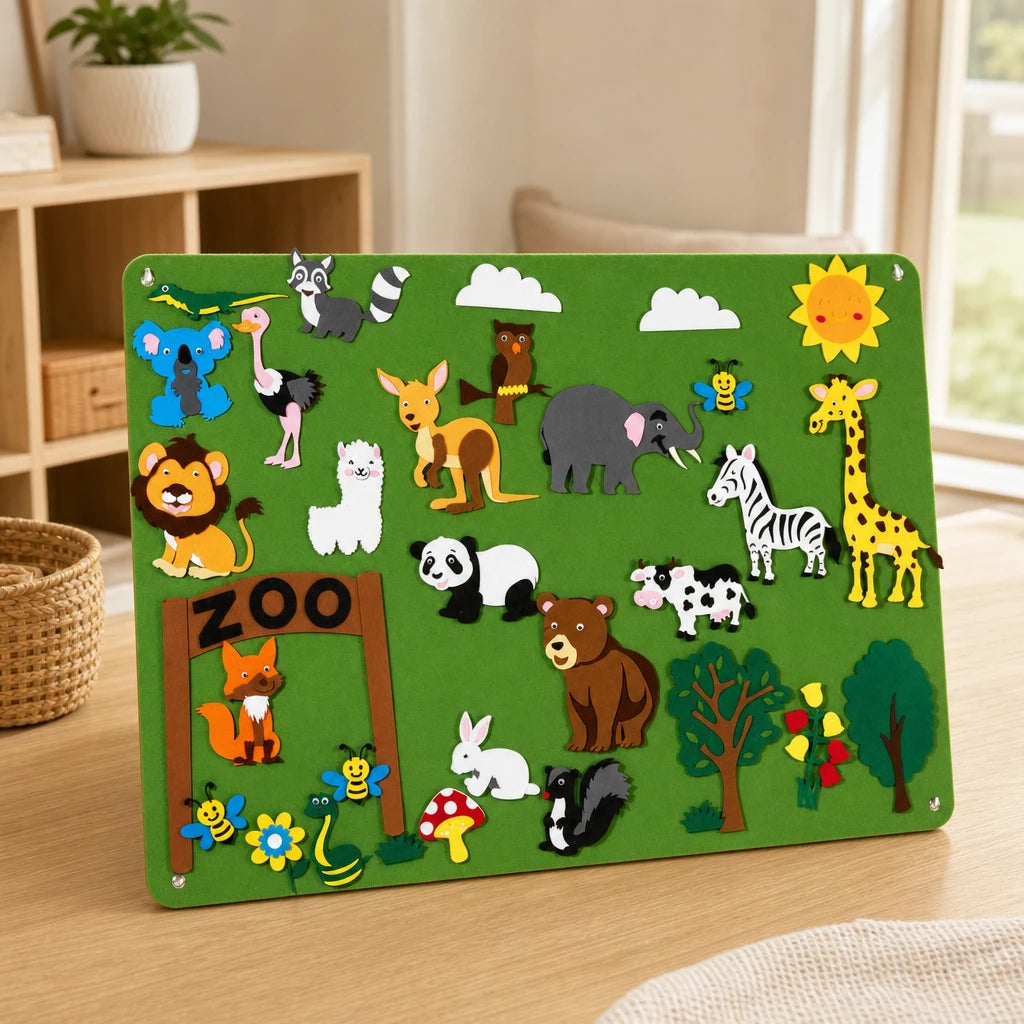 Toddler Felt Board Zoo Space Adventure Set set out on a real table at home