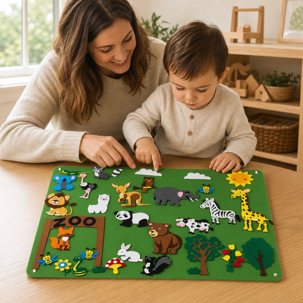 Child playing with the Toddler Felt Board Zoo Space Adventure Set