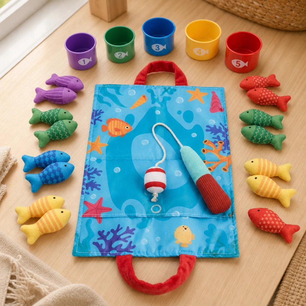 Toddler Fishing Toy Magnetic Counting Set set out on a real table at home