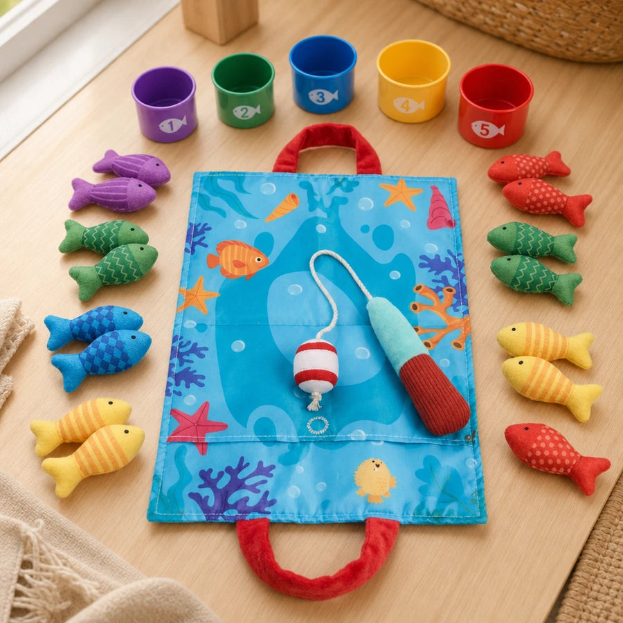 Toddler Fishing Toy Magnetic Counting Set set out on a real table at home