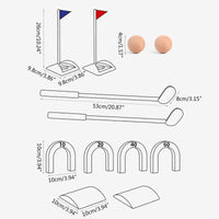Golf set components with flags, clubs, balls and arches and dimensions