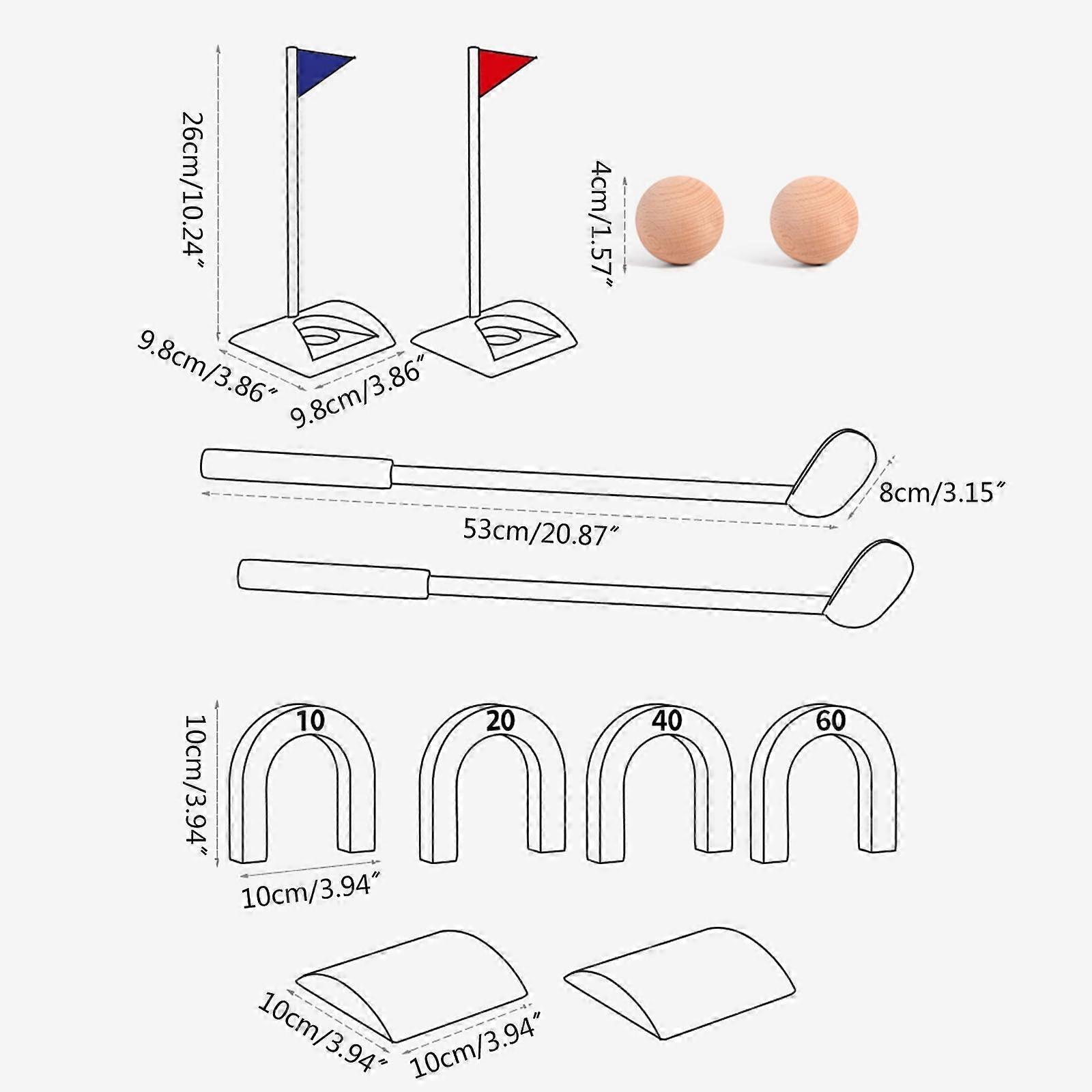 Golf set components with flags, clubs, balls and arches and dimensions