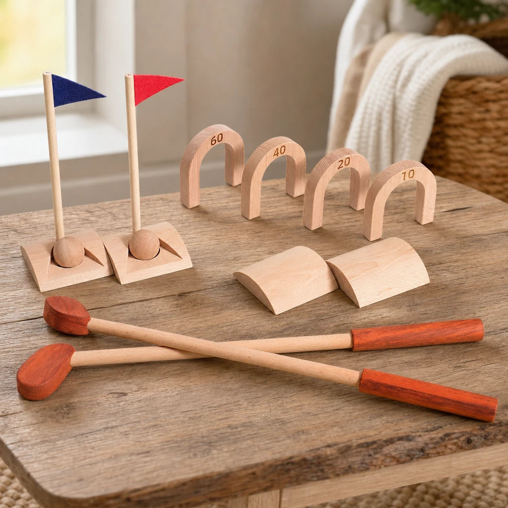 Toddler Golf Set - Wooden Outdoor Game for Kids set out on a real table at home