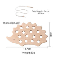 Hedgehog lacing board with rope length and dimensions marked