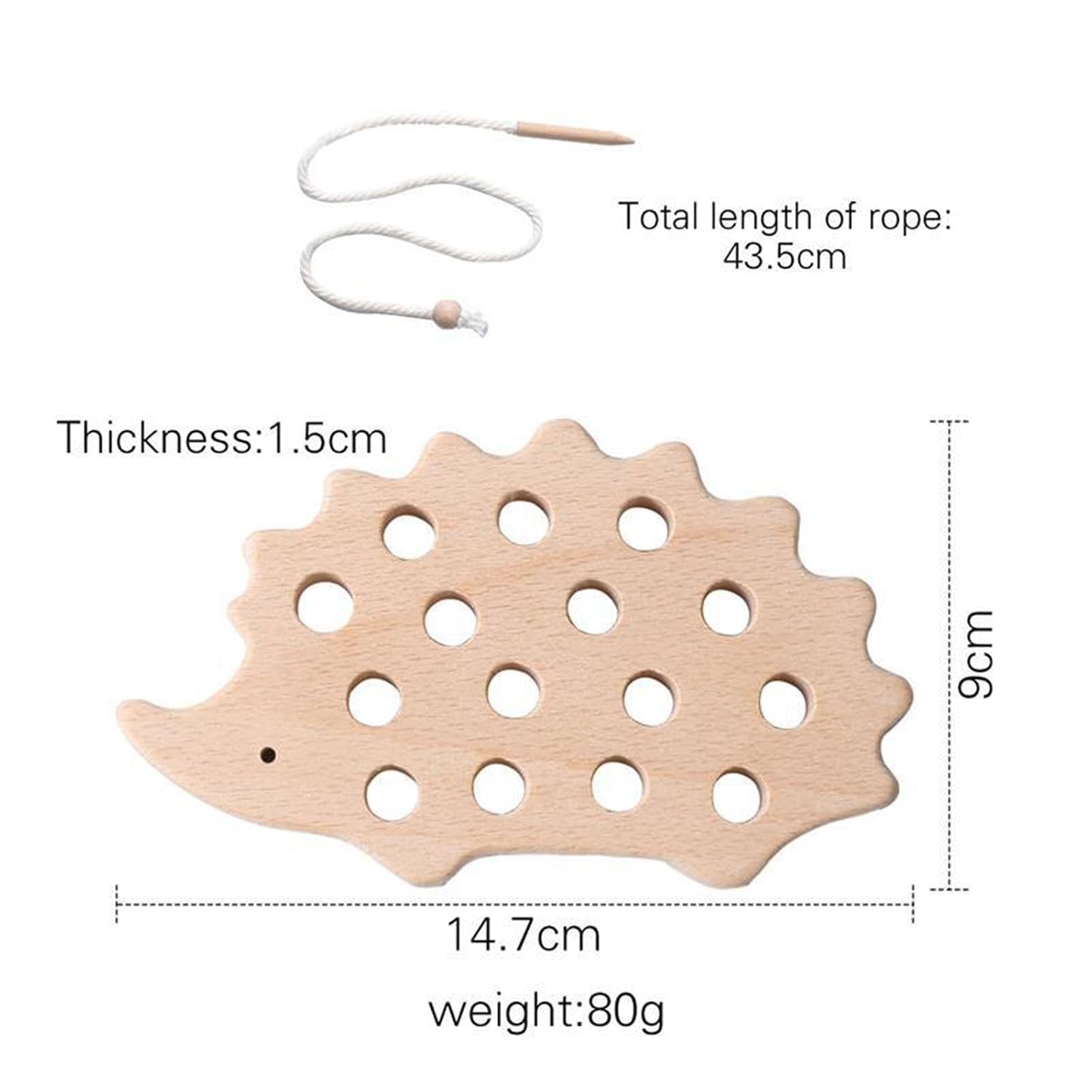 Hedgehog lacing board with rope length and dimensions marked