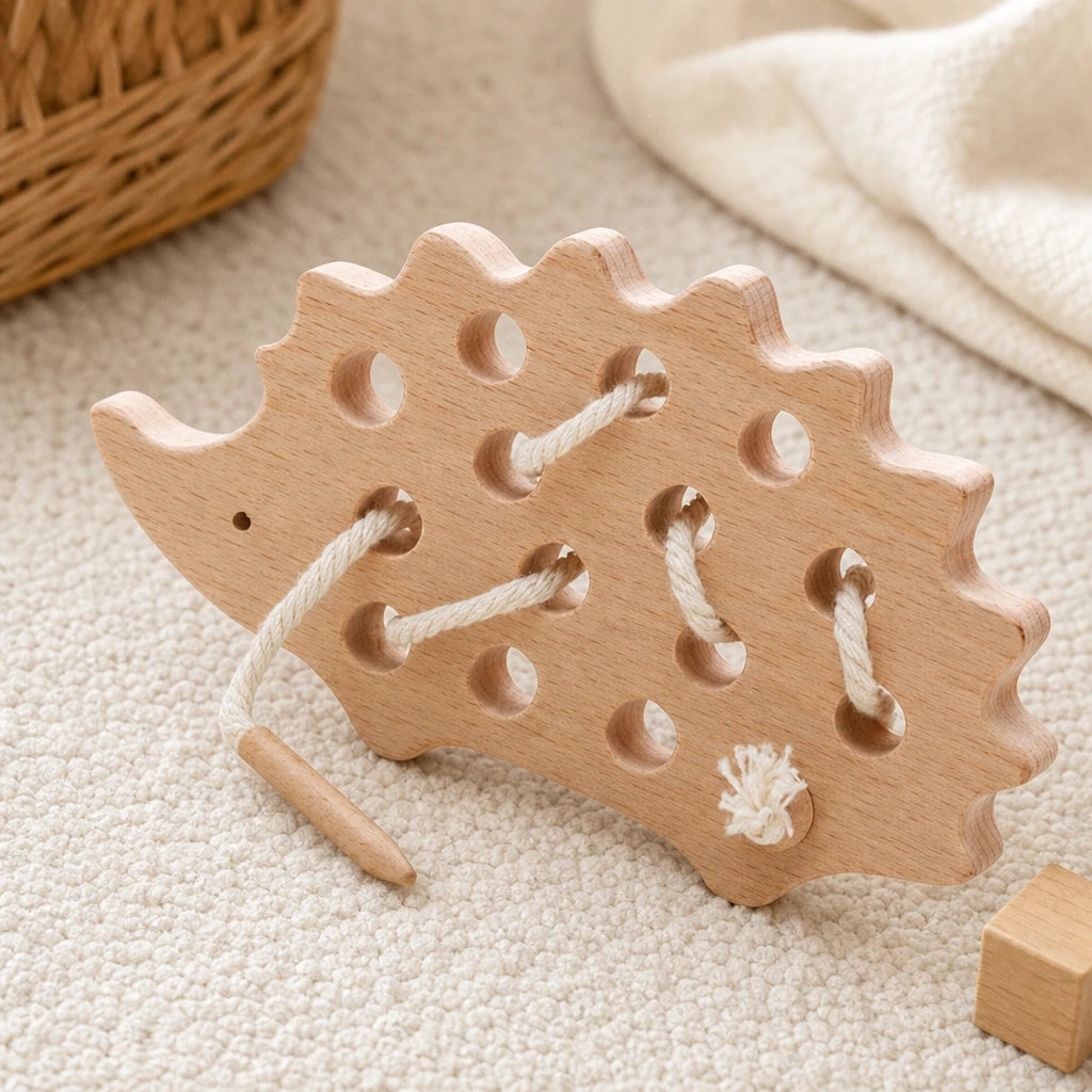Toddler Lacing Toy Hedgehog Wooden set out on a real table at home