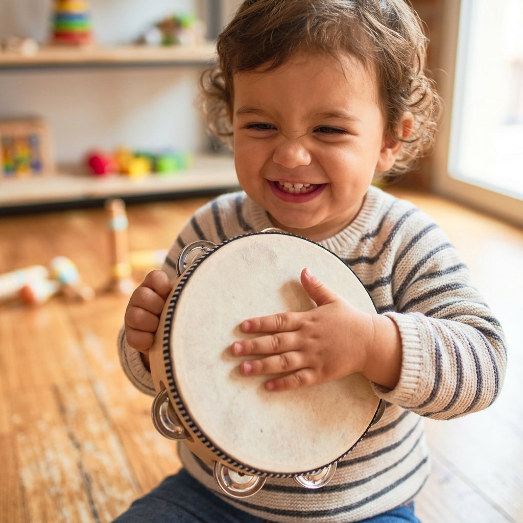 Toddler laughing while holding a wooden tambourine