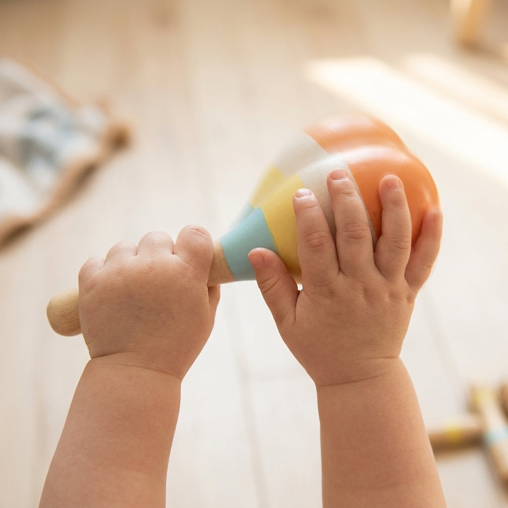 Child's hands shaking a pastel wooden maraca