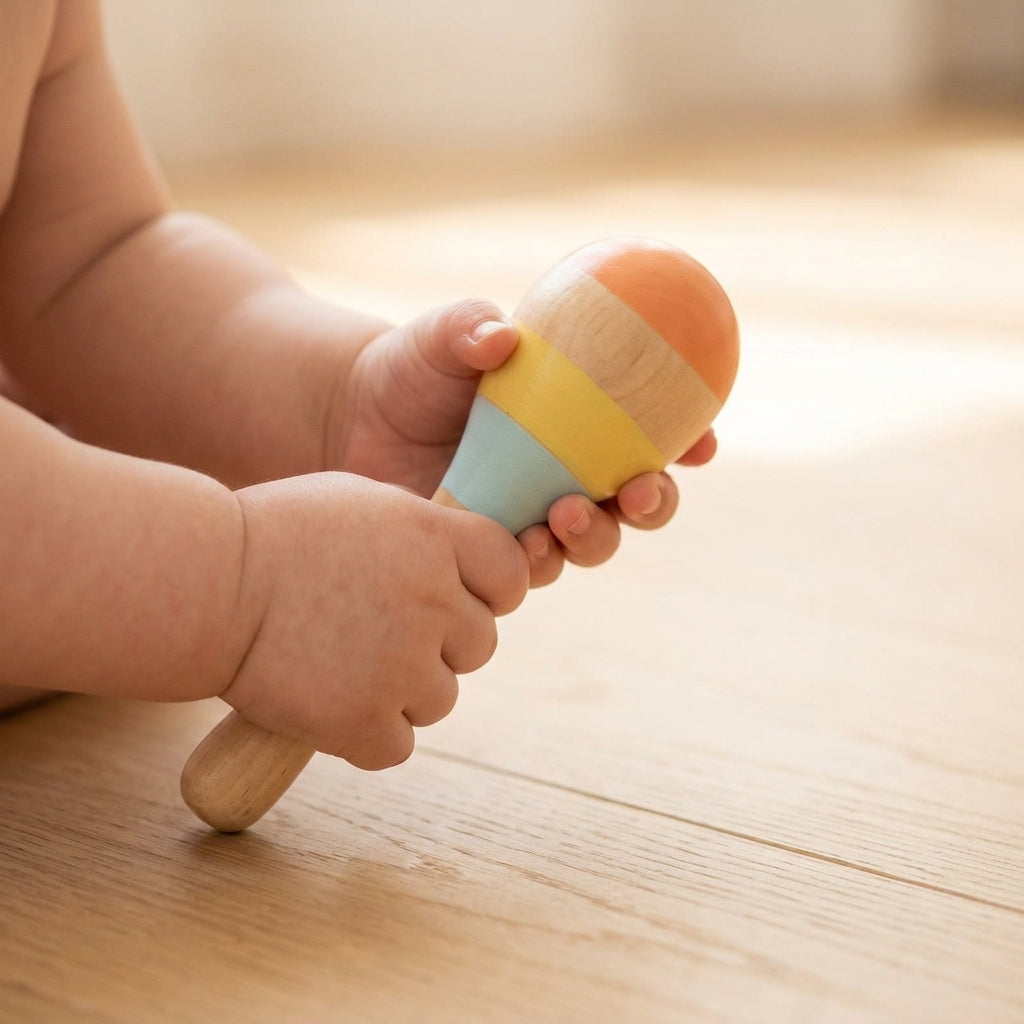 Baby gripping a small wooden maraca on a wooden floor