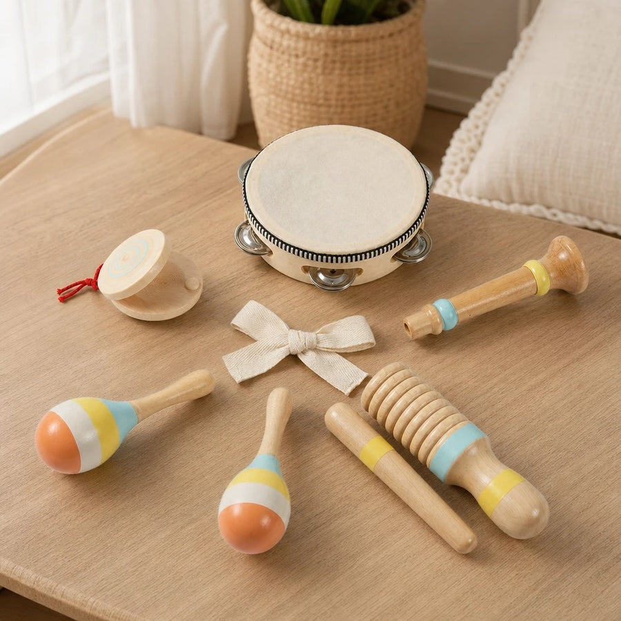 Toddler Musical Instruments Set - 6 Piece Wooden set out on a real table at home