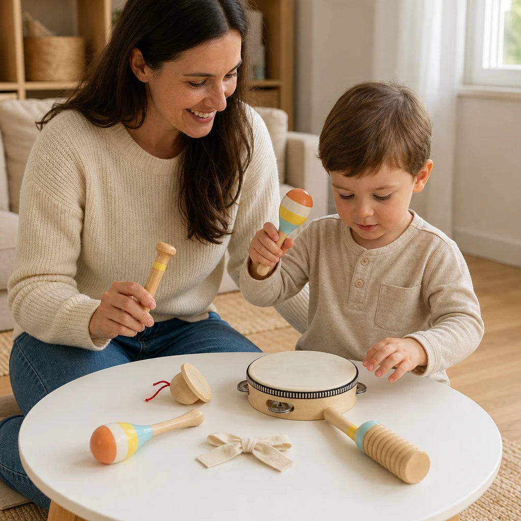 Child playing with the Toddler Musical Instruments Set - 6 Piece Wooden