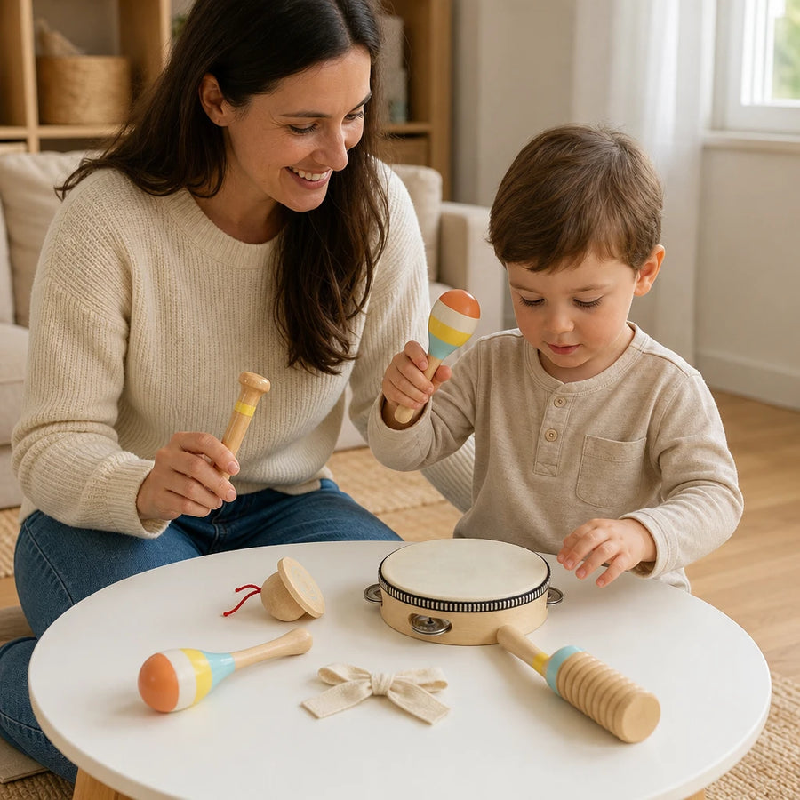 Child playing with the Toddler Musical Instruments Set - 6 Piece Wooden