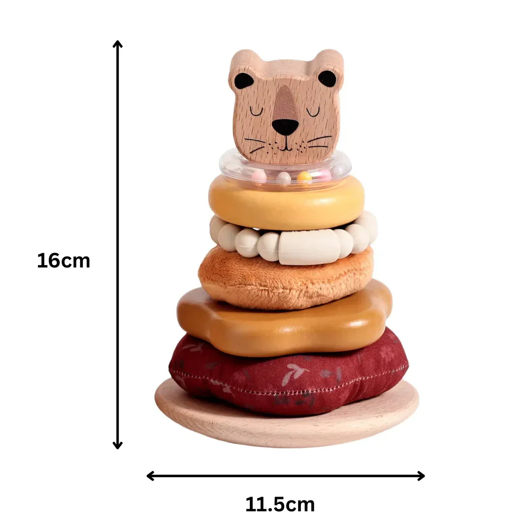 Bear-topped wooden ring stacker with dimensions