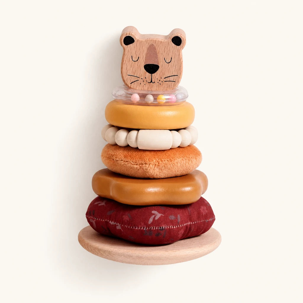 Toddler Stacking Rings Wooden Sensory Set shown complete on a plain background