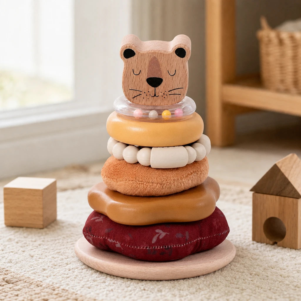 Toddler Stacking Rings Wooden Sensory Set set out on a real table at home