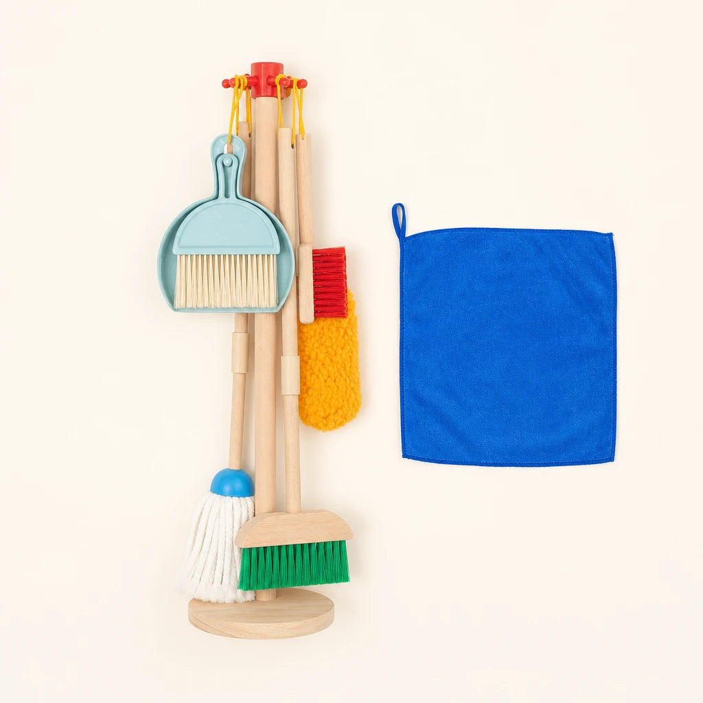 Toy Cleaning Set - Wooden Housekeeping Play Kit shown complete on a plain background