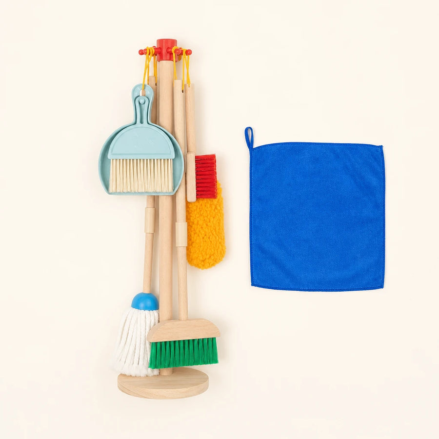 Toy Cleaning Set - Wooden Housekeeping Play Kit shown complete on a plain background