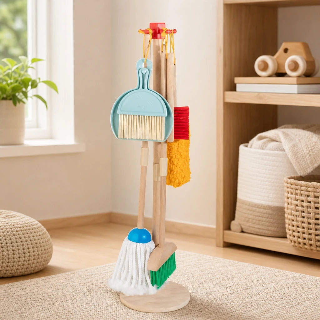 Toy Cleaning Set - Wooden Housekeeping Play Kit set out on a real table at home